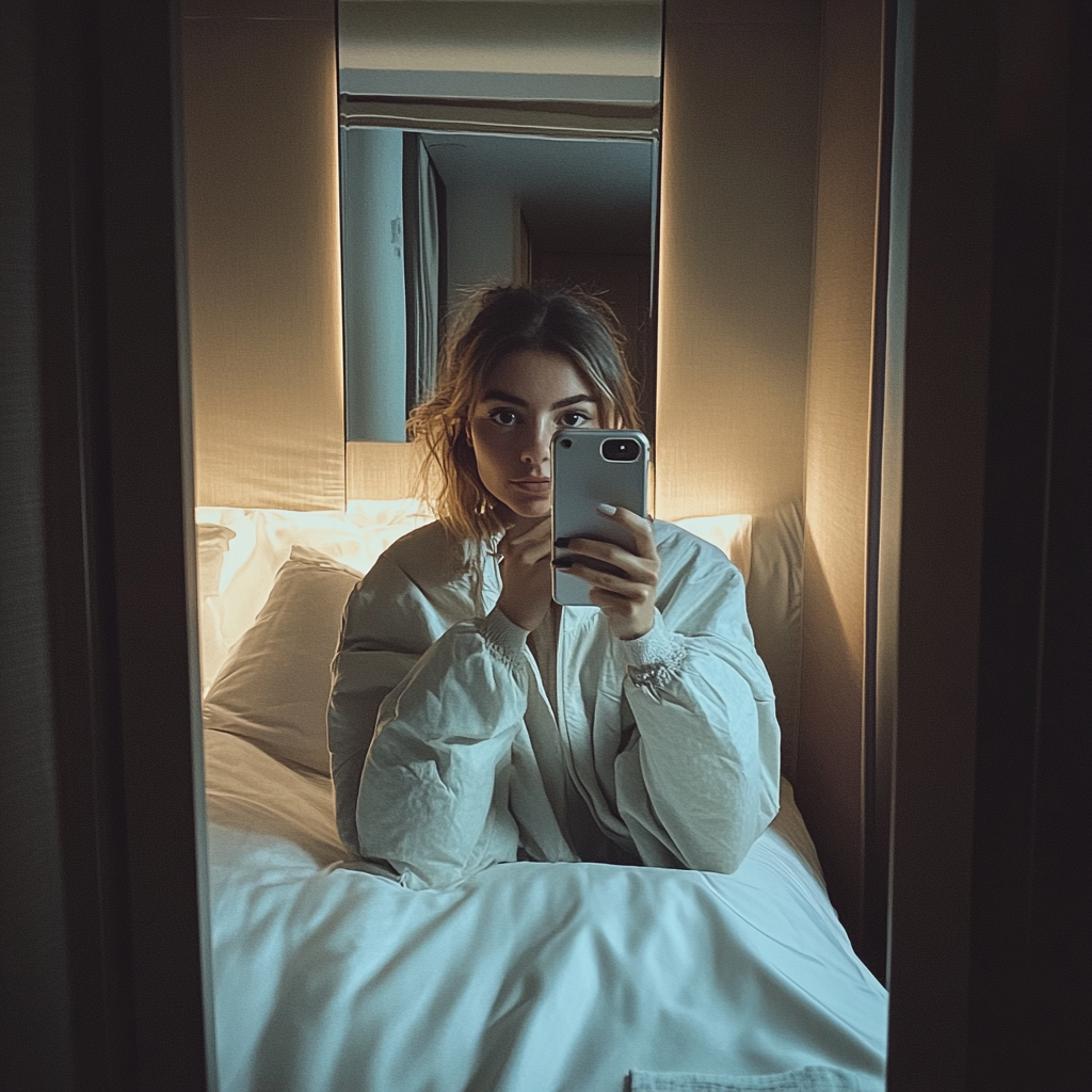 A young woman taking a selfie in a hotel room | Source: Midjourney