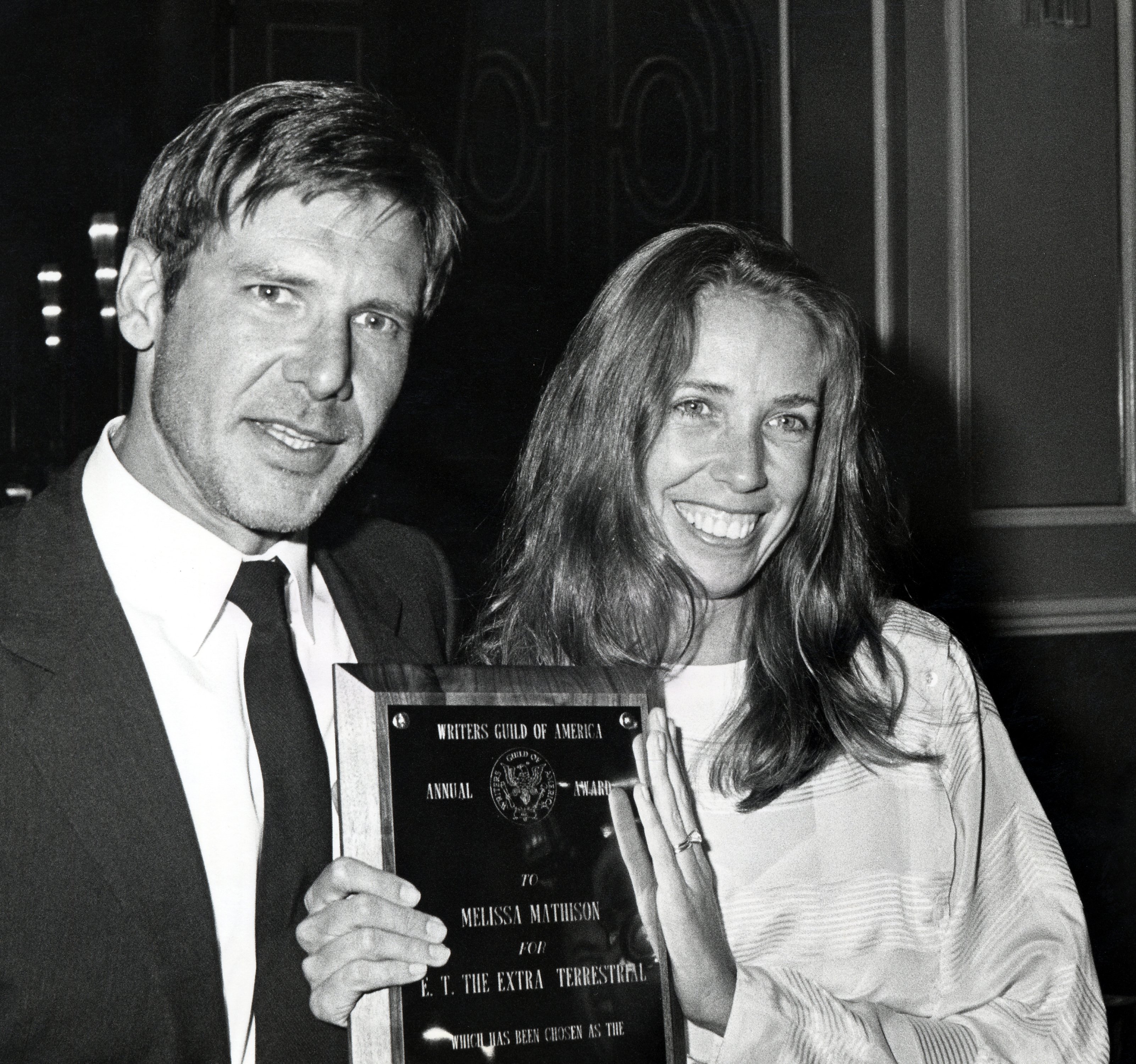 Harrison Ford and Melissa Mathison attend the Writers Guild Awards at the Beverly Hilton Hotel on April 7, 1983, in Beverly Hills, California. | Source: Getty Images
