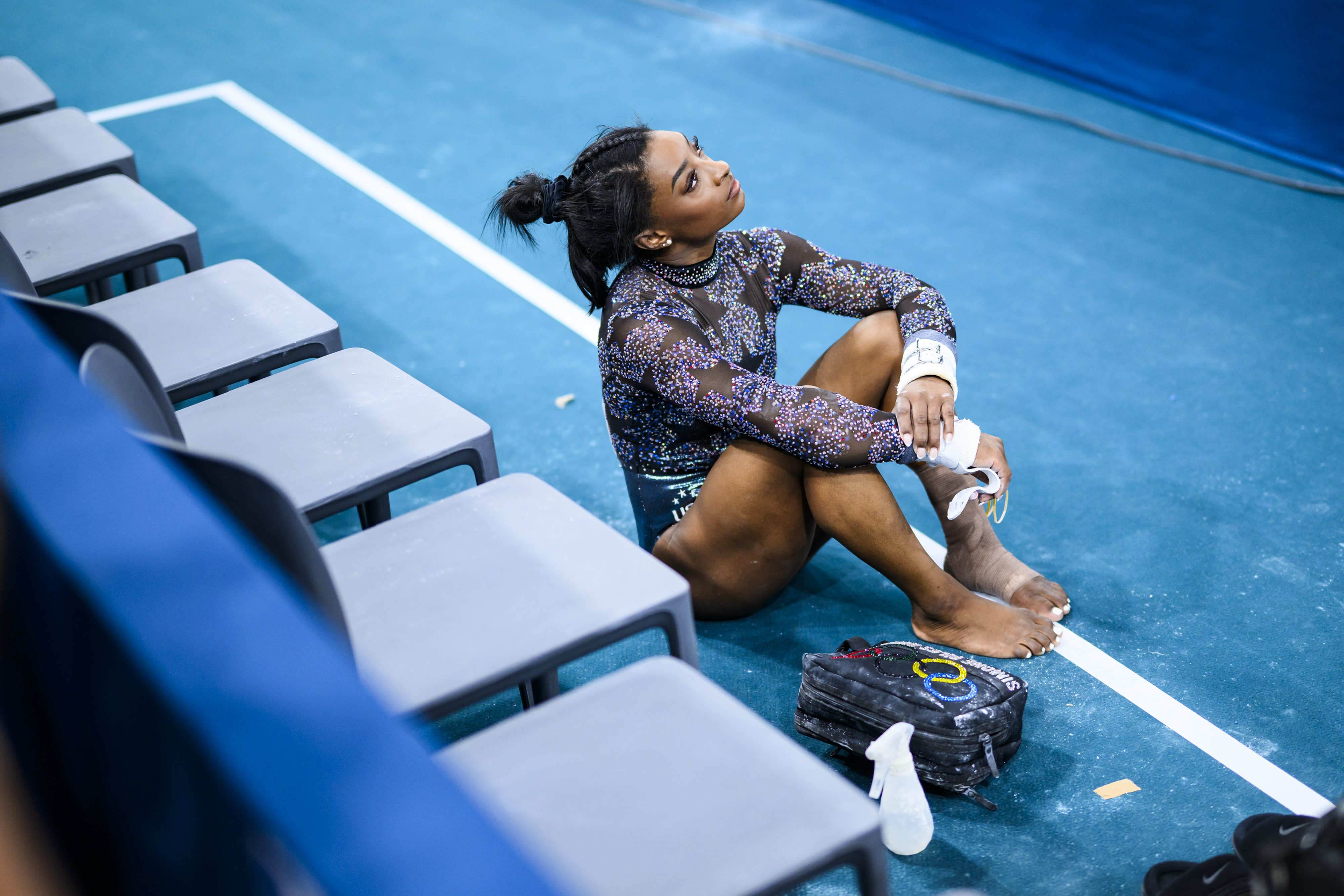 Simone Biles looks on during the 2024 Paris Olympics at Bercy Arena on July 28, 2024 | Source: Getty Images