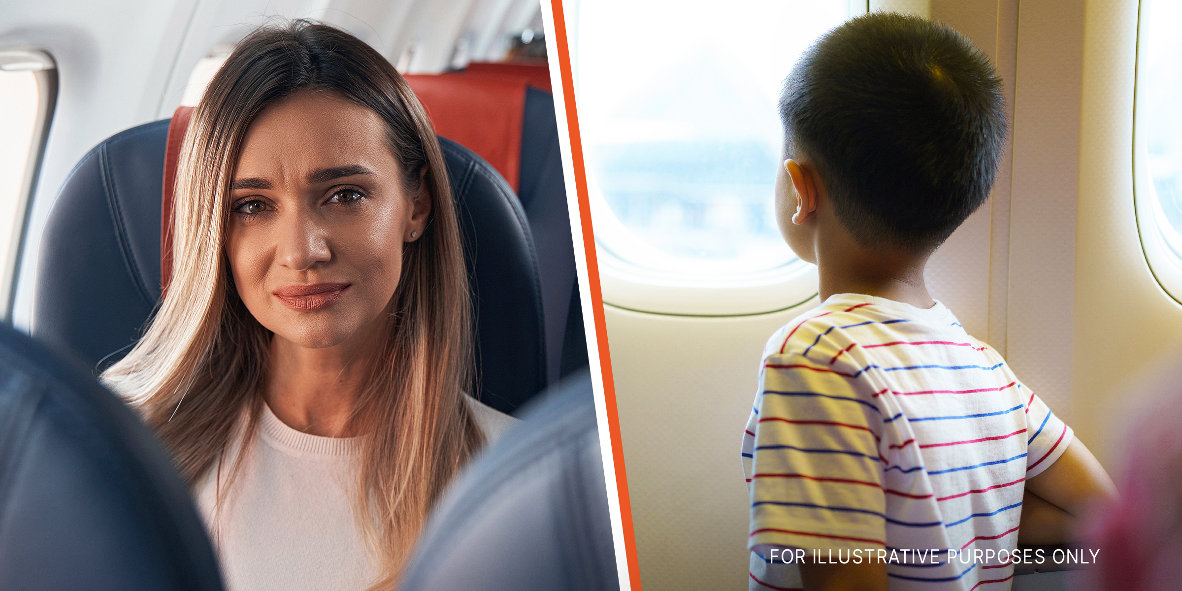 A woman crying in an airplane | A child sitting in a window seat | Source: Shutterstock