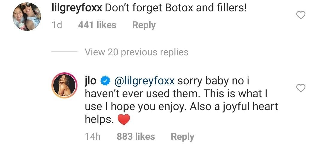 A fan comments on Jennifer Lopez’s post about her new skincare range on December 2, 2020 | Photo: Instagram/jlo