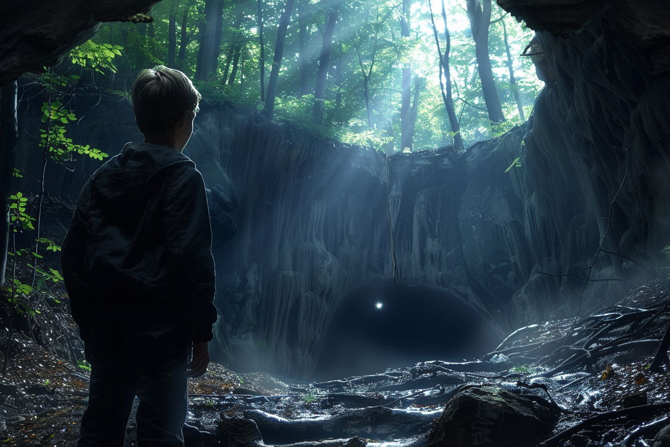 A boy looking at a cave opening | Source: Midjourney
