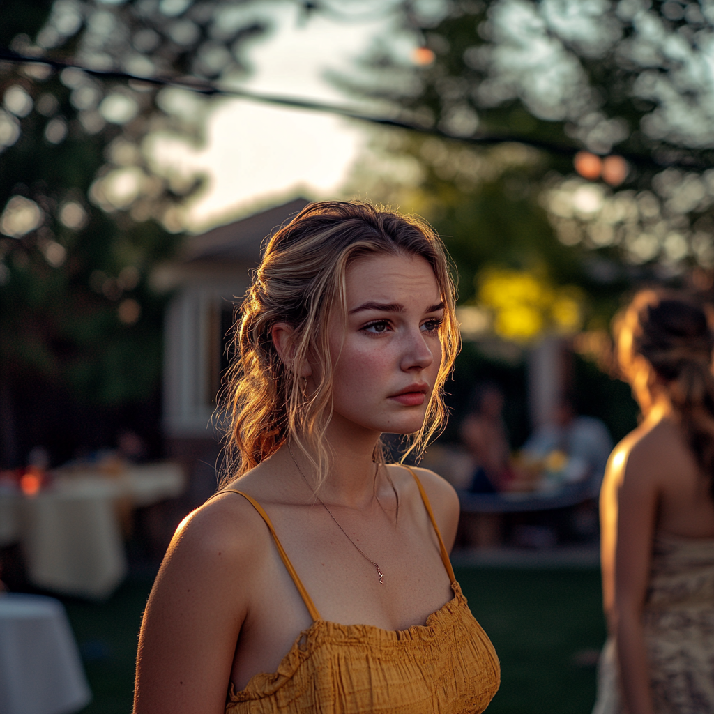 A woman looks nervous while standing at a party | Source: Midjourney