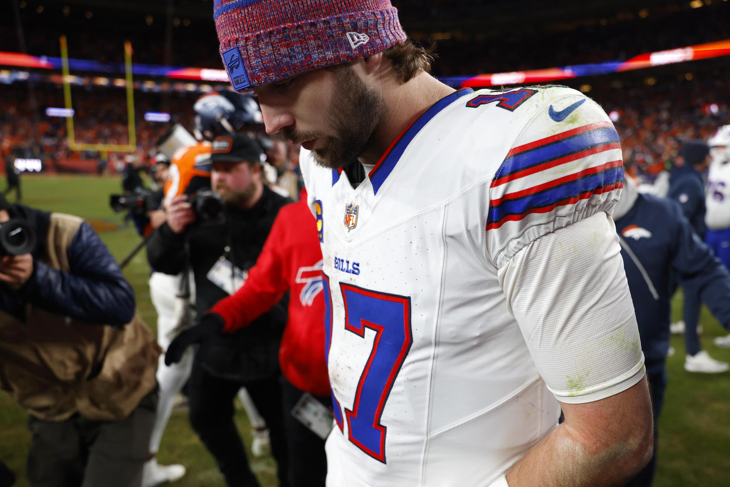 Josh Allen looking sad as he walks off the field after the Buffalo Bills and Denver Broncos game during the AFC Divisional Playoffs in Denver, Colorado on January 17, 2026.