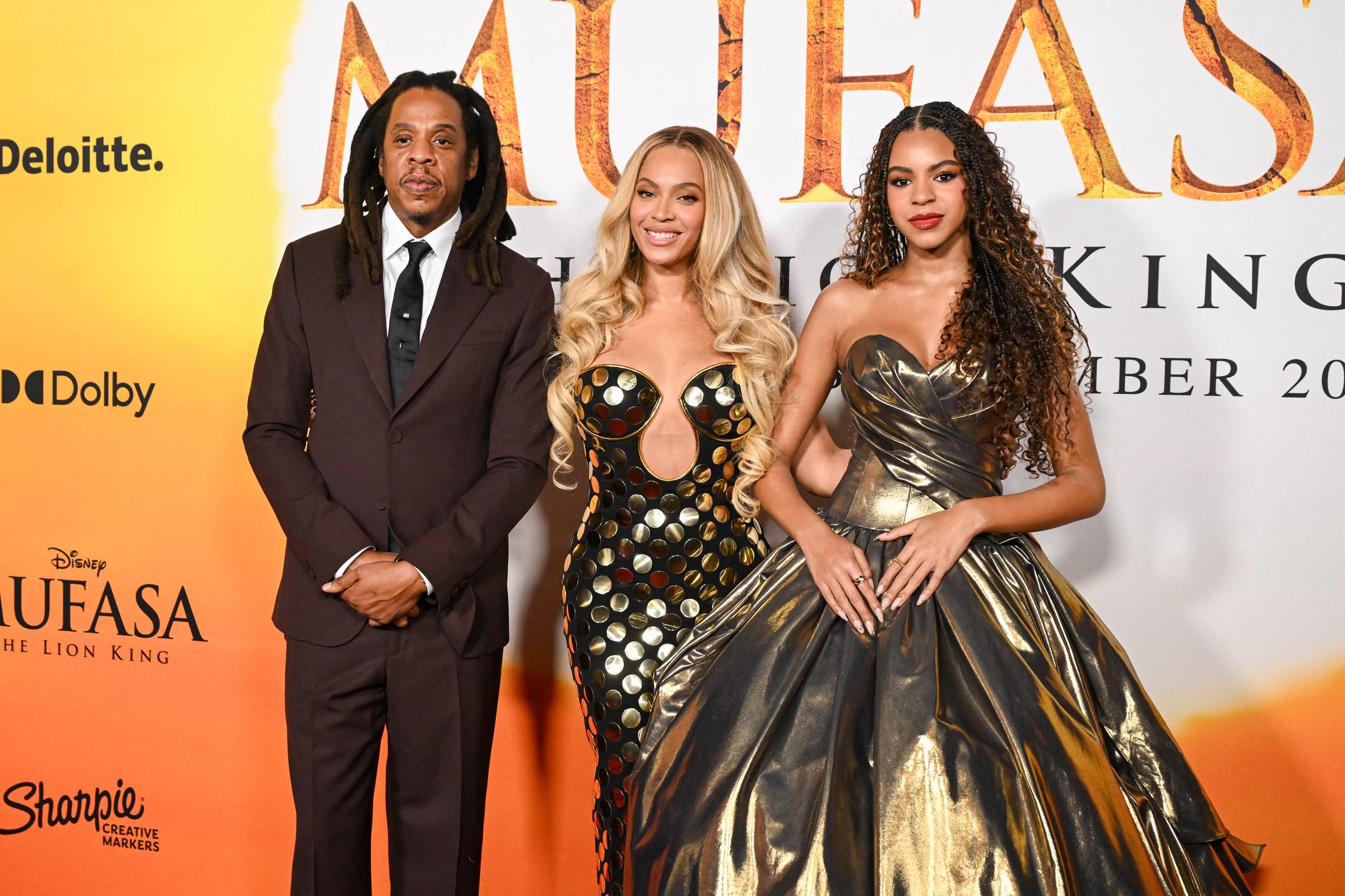 Jay-Z, Beyoncé, and Blue Ivy Carter during the "Mufasa: The Lion King" premiere at Dolby Theatre on December 09, 2024 in Los Angeles, California | Source: Getty Images