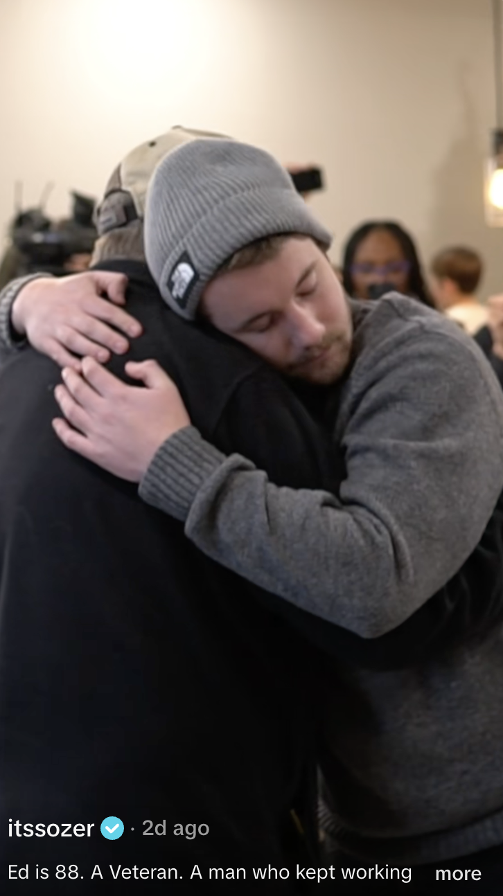 Samuel "Sam" Weidenhofer hugs Ed Bambas, as seen in a video posted on December 7, 2025 | Source: TikTok/@itssozer