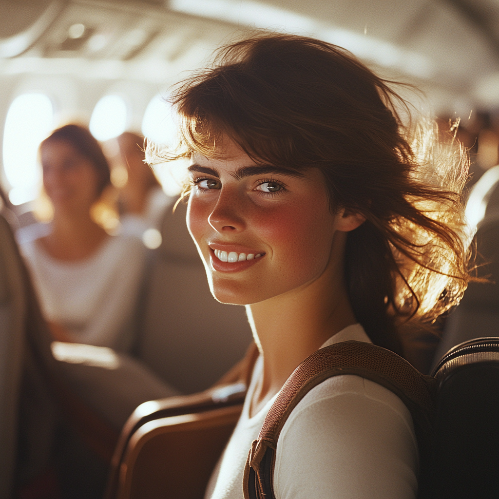 A happy woman gathering her luggage before disembarking from a plane | Source: Midjourney