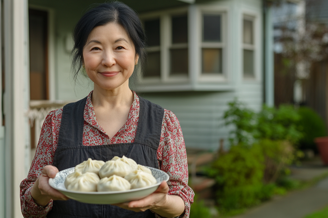 A woman holding a plate of dumplings | Source: Midjourney