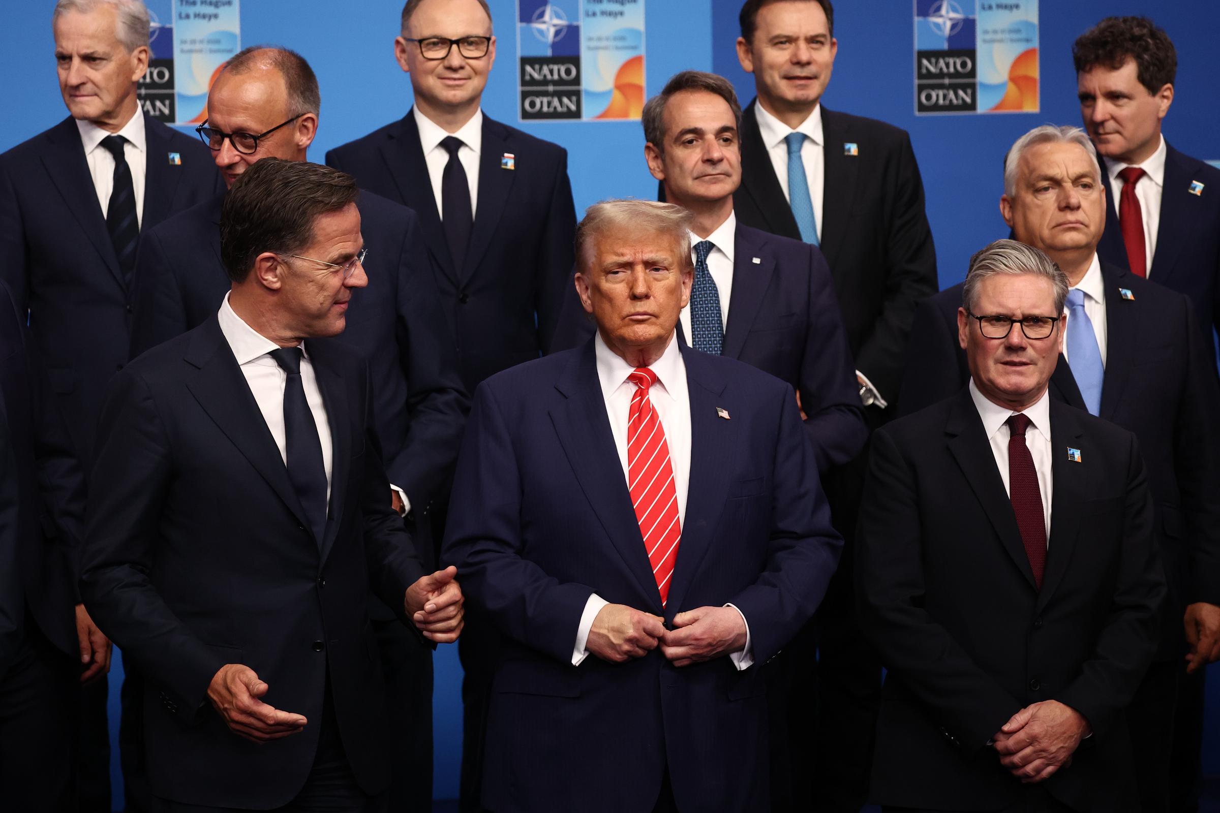 It’s a striking lineup of suited gentlemen as official photos are taken to mark the summit. NATO Secretary General Mark Rutte, Trump, and British Prime Minister Keir Starmer stand together, capturing a moment of unity and formality during the NATO Summit.