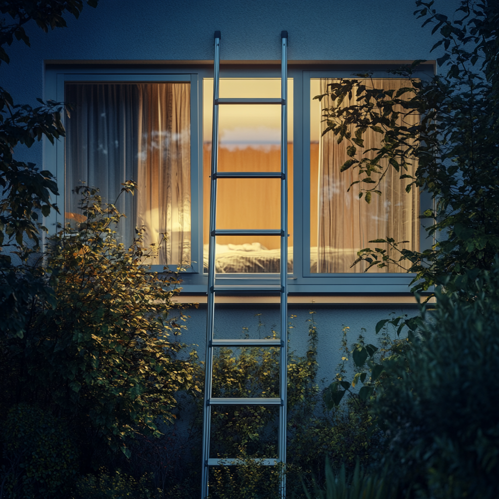 A ladder outside the window of a house | Source: Midjourney