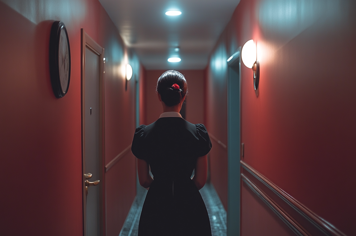 A hotel maid standing in a corridor | Source: Midjourney