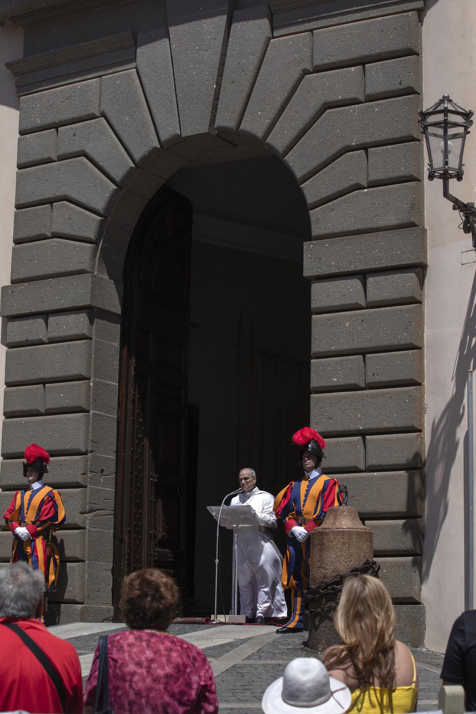 Pope Leo XIV leads the Angelus prayer from the Apostolic Palace on July 20, 2025, in Castel Gandolfo, Italy. | Source: Getty Images