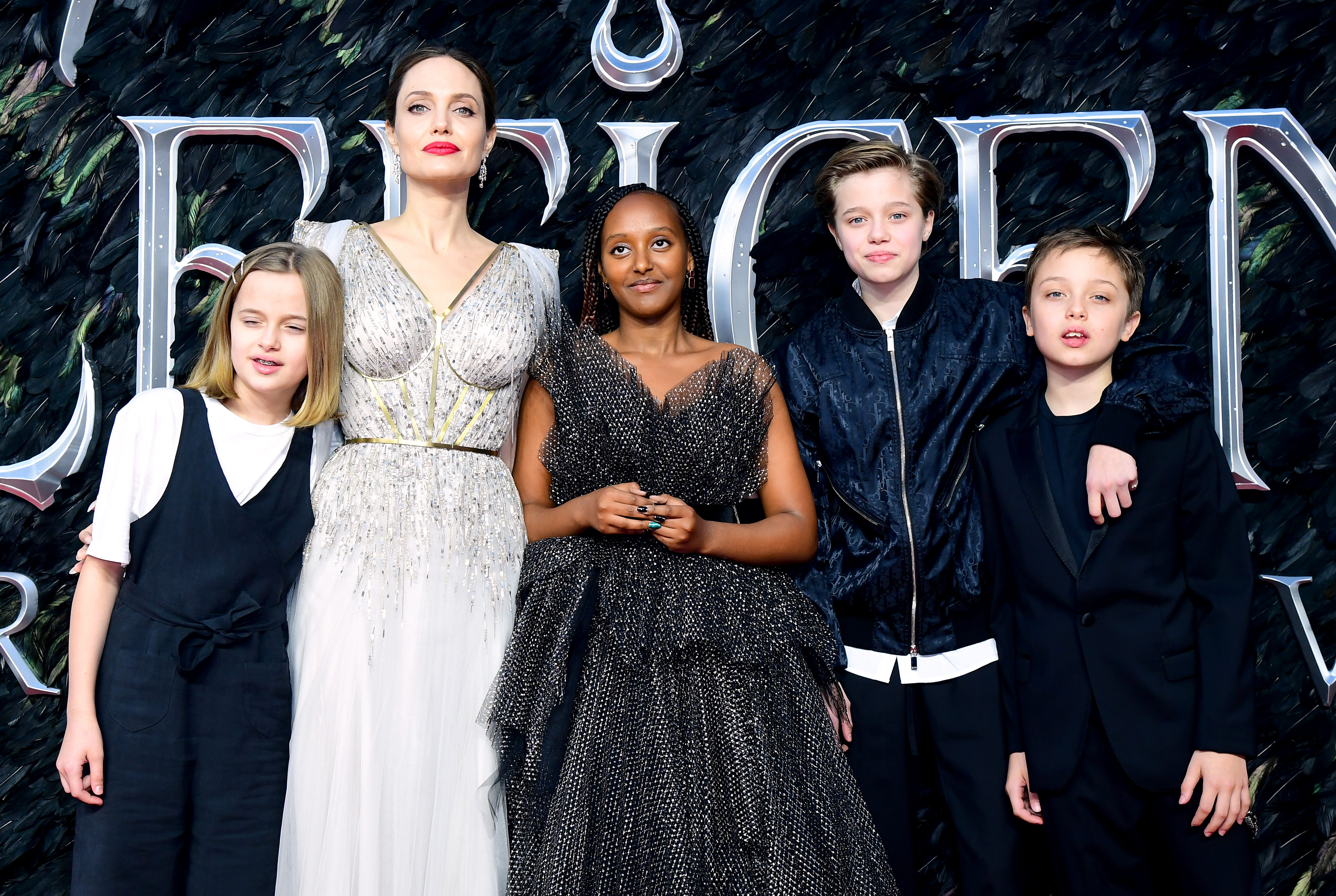 Angelina Jolie with Vivienne, Zahara, Shiloh, and Knox Jolie-Pitt during the Maleficent: Mistress of Evil European Premiere held at Imax Waterloo in London on October 9, 2019 | Source: Getty Images