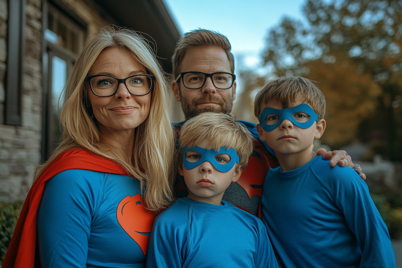 Uma família feliz vestida de super-heróis | Fonte: Midjourney