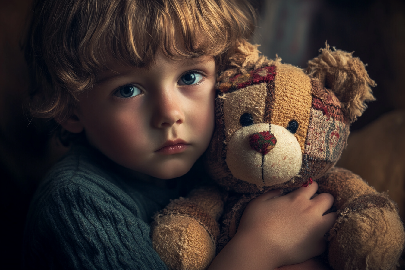 A sad little boy holding a raggedy teddy bear | Source: Midjourney