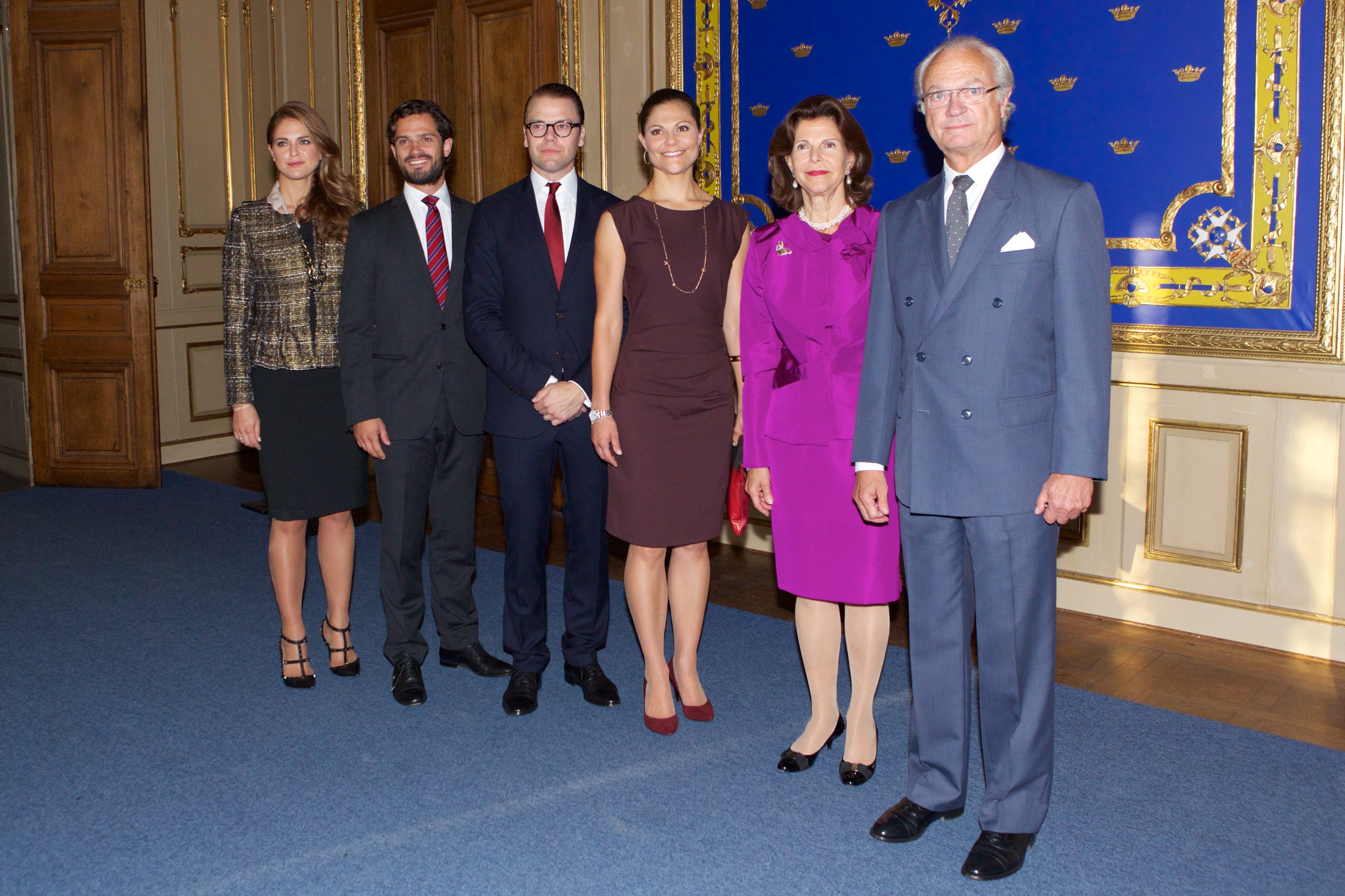 The Swedish royal family: Princess Madeleine, Prince Philip, Prince Daniel, Crown Princess Victoria, Queen Silvia and King Carl XVI Gustaf [Left to Right] at the Royal Palace on September 13 2013 | Source: Getty Images