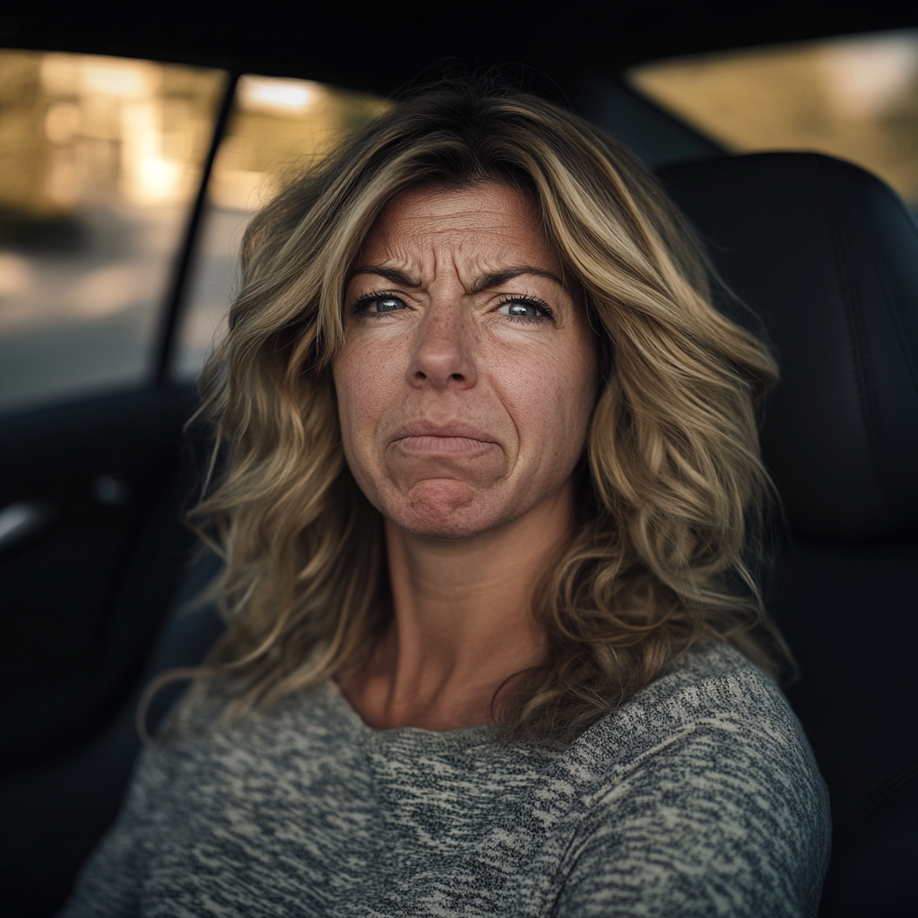 An extremely upset woman sitting in a car | Source: Midjourney