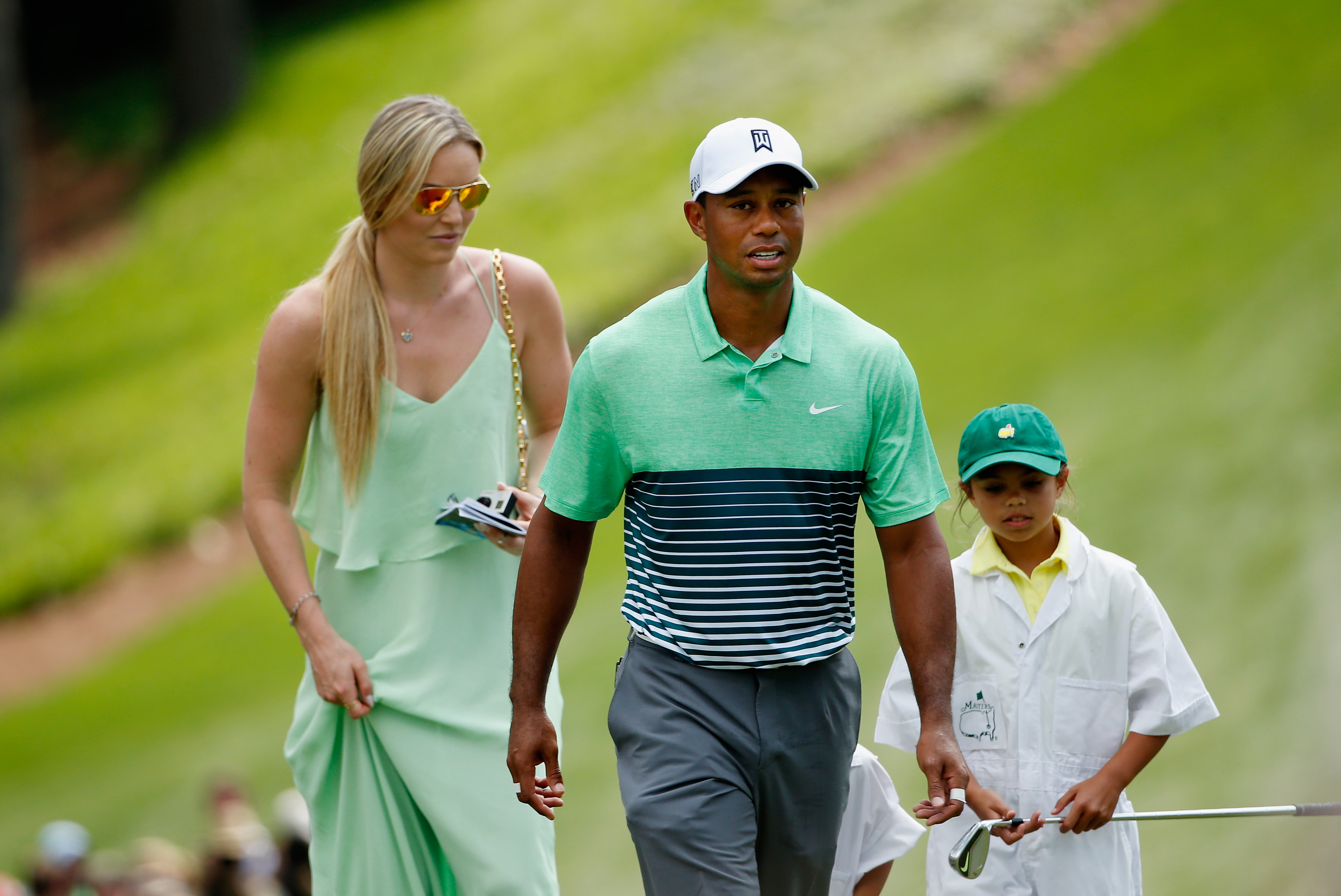 Lindsey Vonn seen with Tiger and Sam Woods at the Par 3 Contest prior to the start of the Masters Tournament in Augusta, Georgia on April 8, 2015. | Source: Getty Images