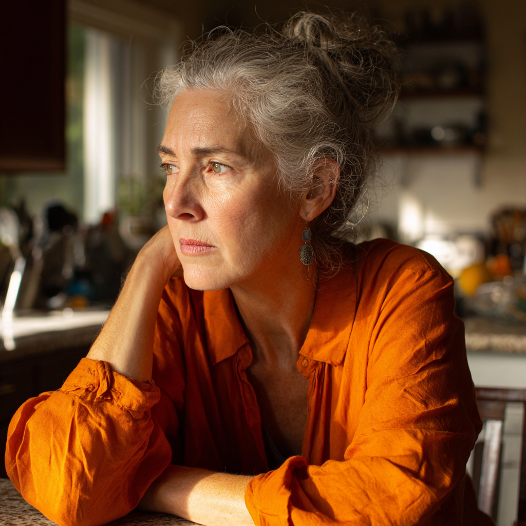 A concerned older woman sitting at a table | Source: Midjourney
