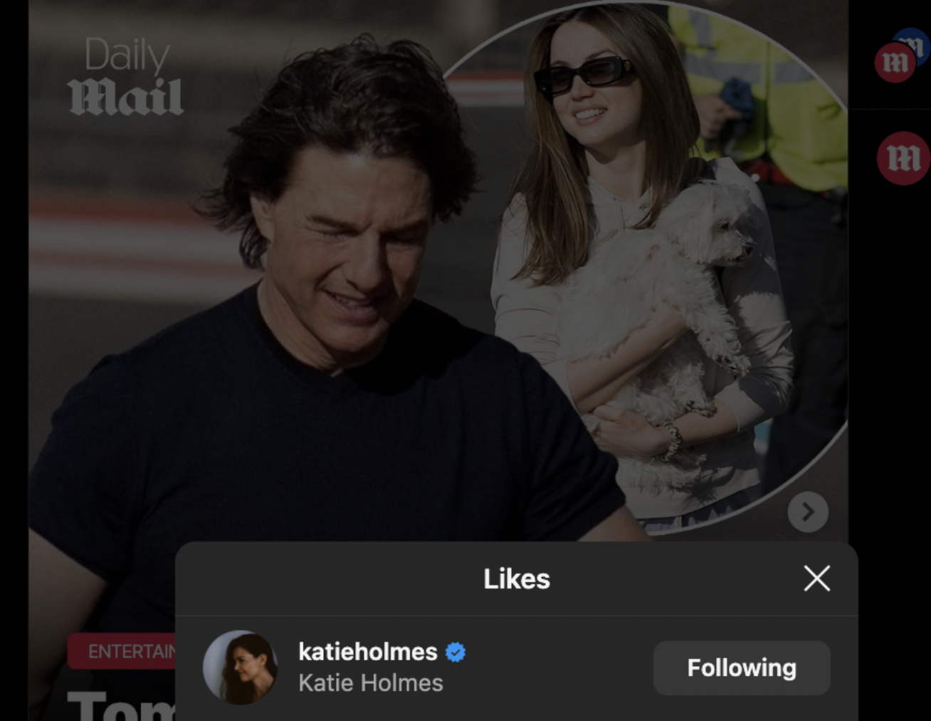 Katie Holmes' verified Instagram account allegedly appearing in the likes section of a post about Tom Cruise, dated May 1, 2025 | Source: Instagram/dailymailentertainment