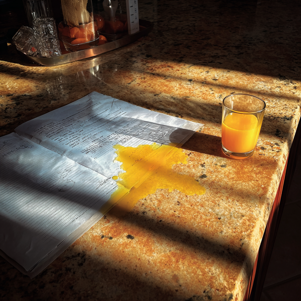 Spilled orange juice on a kitchen counter | Source: Midjourney