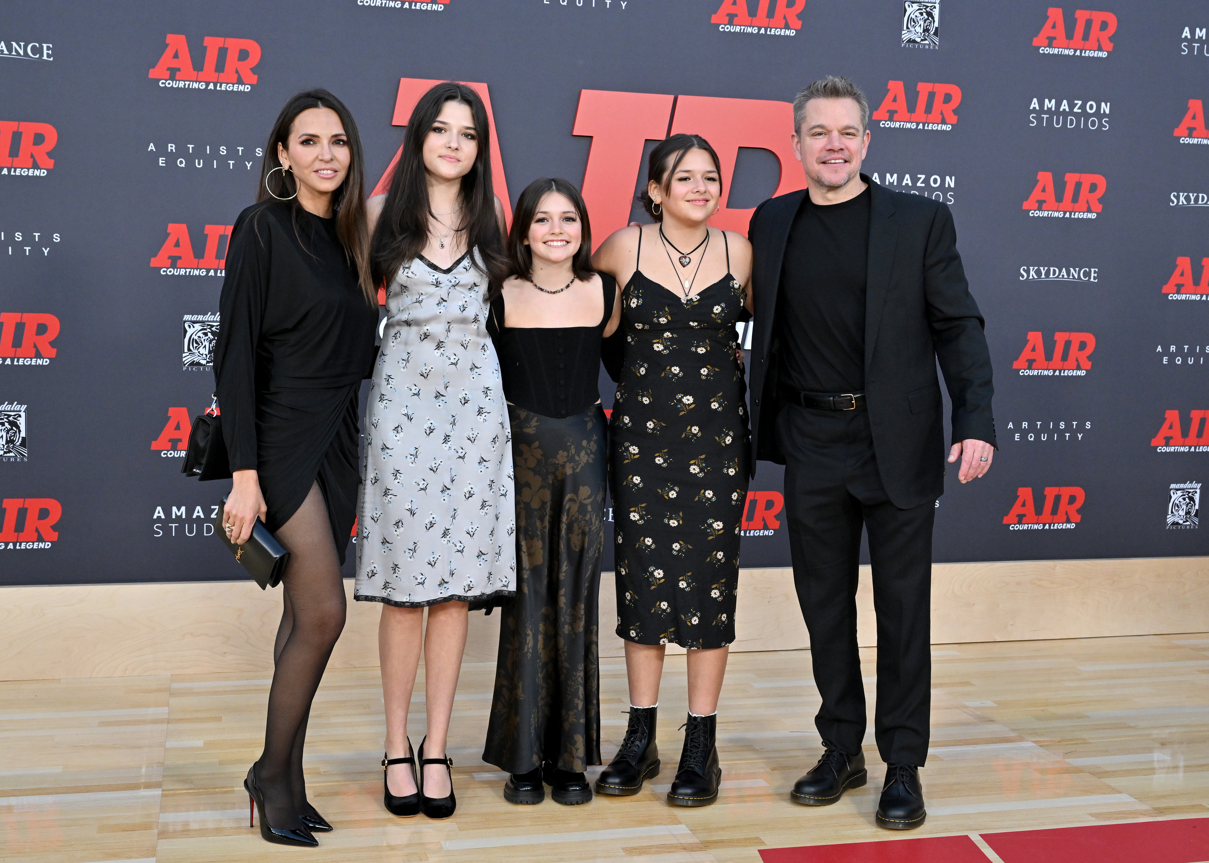 (L-R) Luciana Barroso, Alexia Barroso, Stella Damon, Isabella Damon, and Matt Damon attend the world premiere of "AIR" at Regency Village Theatre on March 27, 2023 in Los Angeles, California | Source: Getty Images