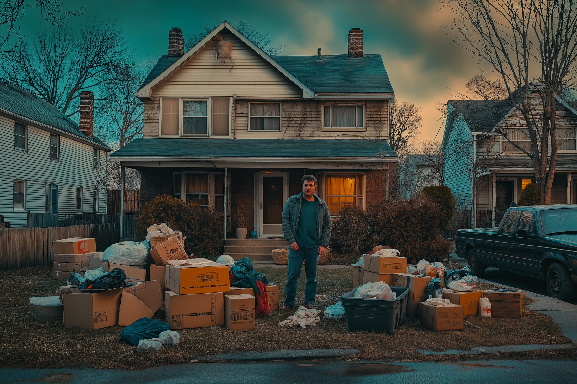 A man on a front yard with stuff on the ground | Source: Midjourney