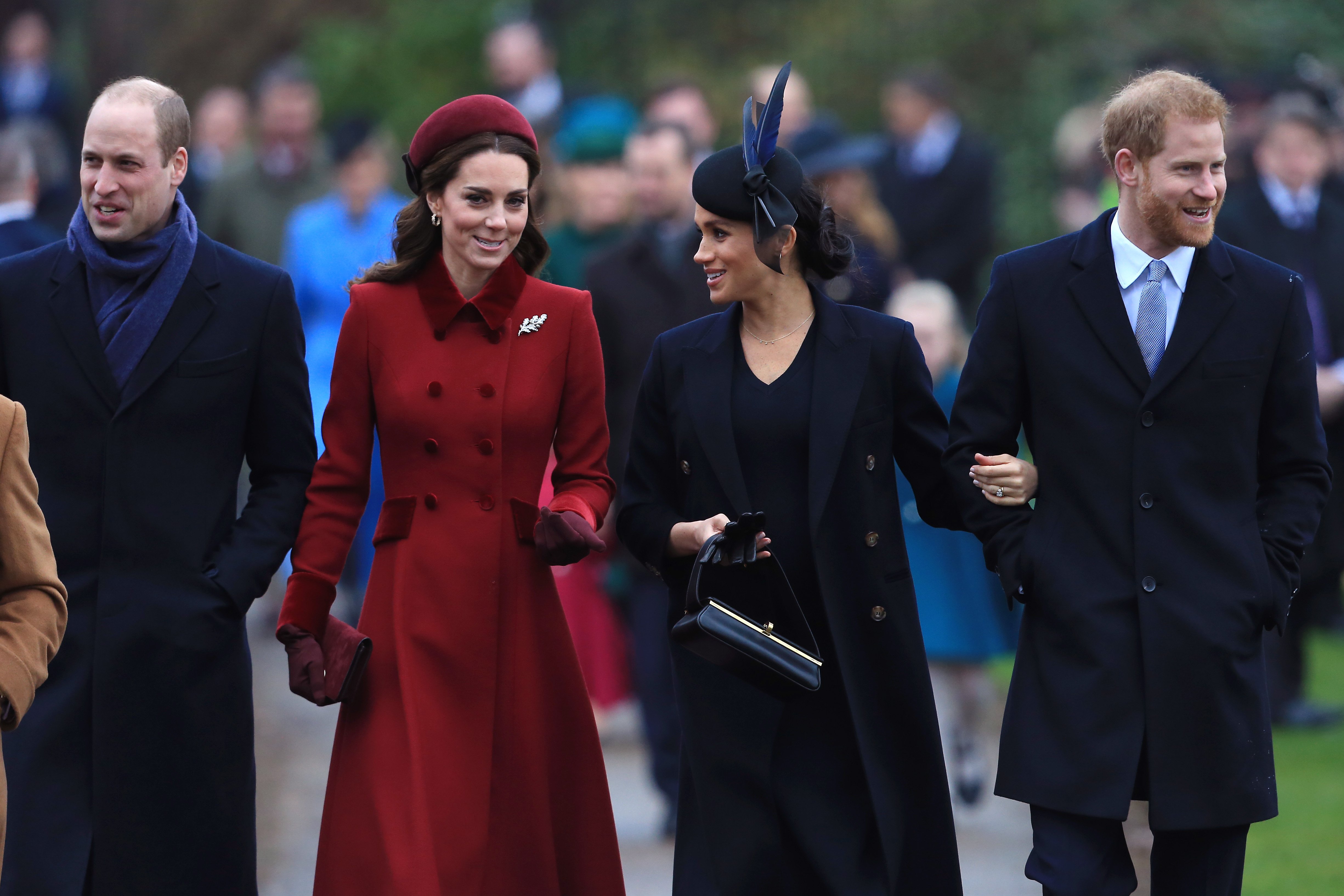 Prince William, Duke of Cambridge, Catherine, Duchess of Cambridge, Meghan, Duchess of Sussex and Prince Harry, Duke of Sussex pictured arriving to attend Christmas Day Church service at Church of St Mary Magdalene on the Sandringham estate on December 25, 2018 in King's Lynn, England. | Source: Getty Images