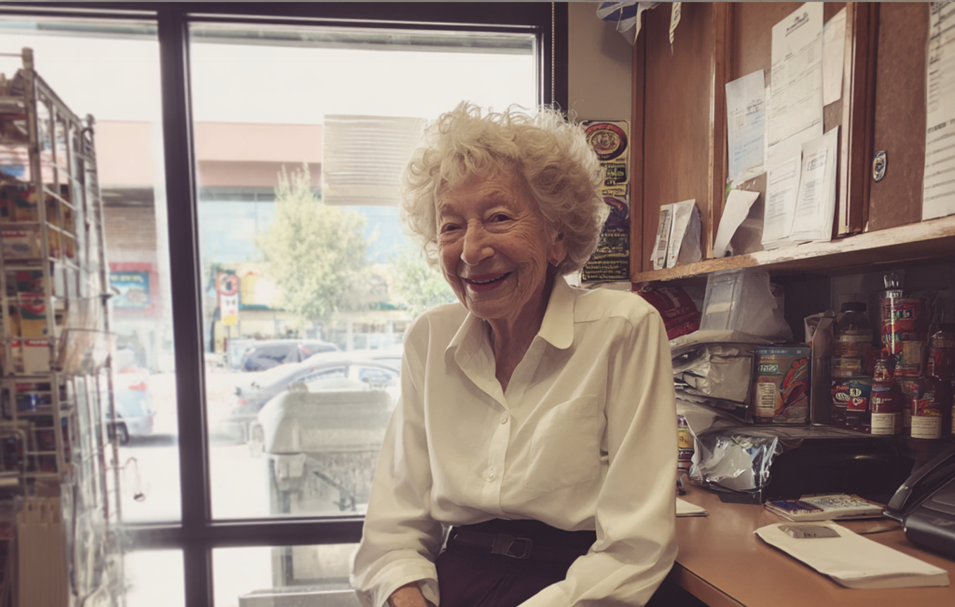 A smiling old woman sitting in an office | Source: Midjourney
