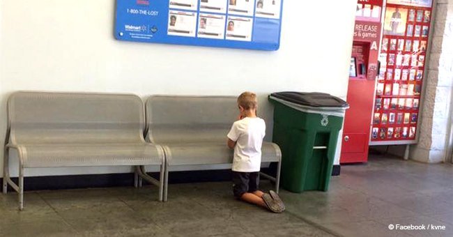 Mom turns around to make sure son was nearby but finds him kneeling in front of a blue board