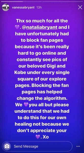 Vanessa explaining why she blocked Kobe and Gianna fan pages. | Photo: Instagram/vanessabryant