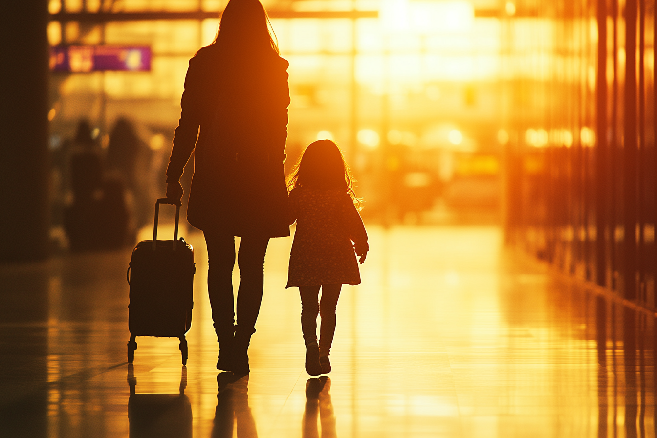 Lady with a little girl leaving an airport | Source: Midjourney