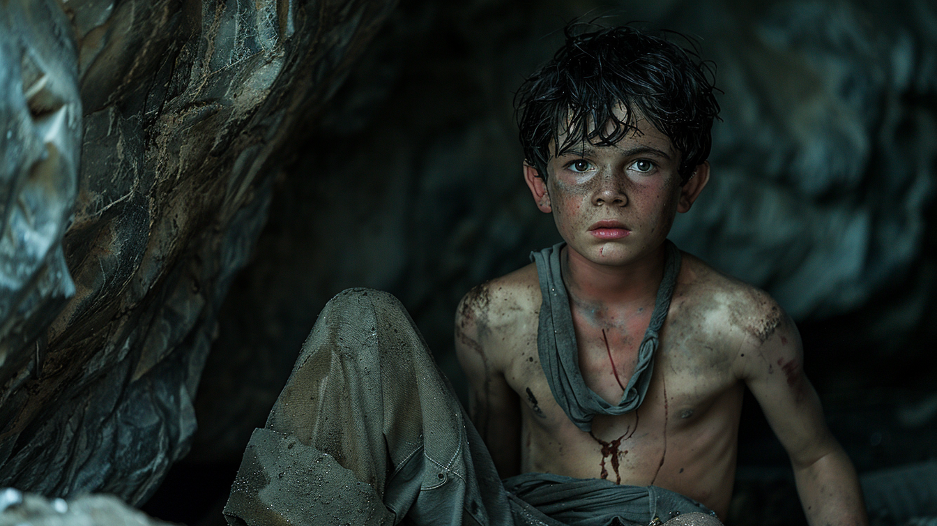 A disheveled boy in a cave | Source: Midjourney