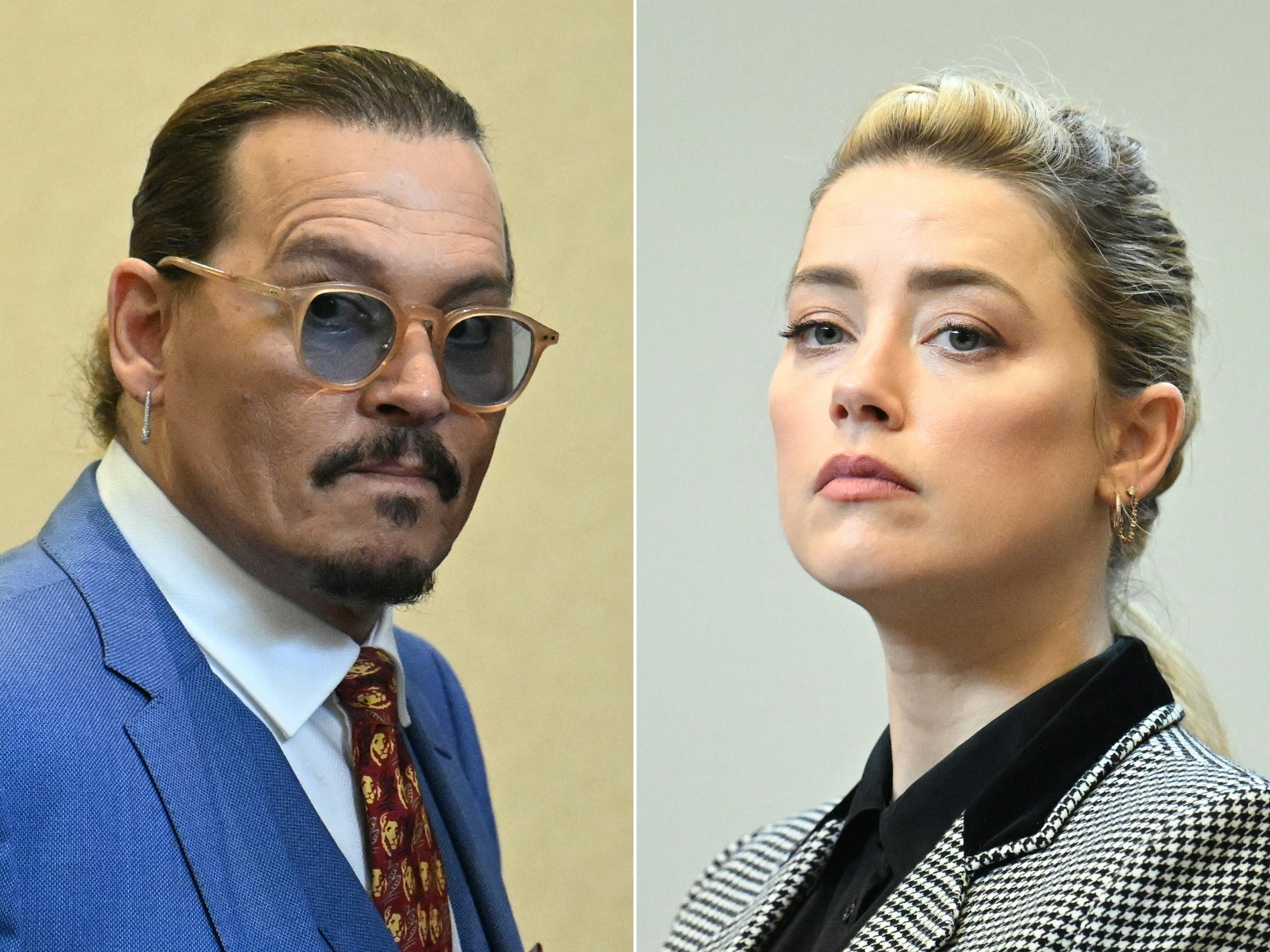 A combination of photos, created on June 1, 2022, shows Johnny Depp attending the trial at Fairfax County Courthouse in Virginia on May 24, 2022 and Amber Heard looking on in the same courtroom on the same day. | Source: Getty Images