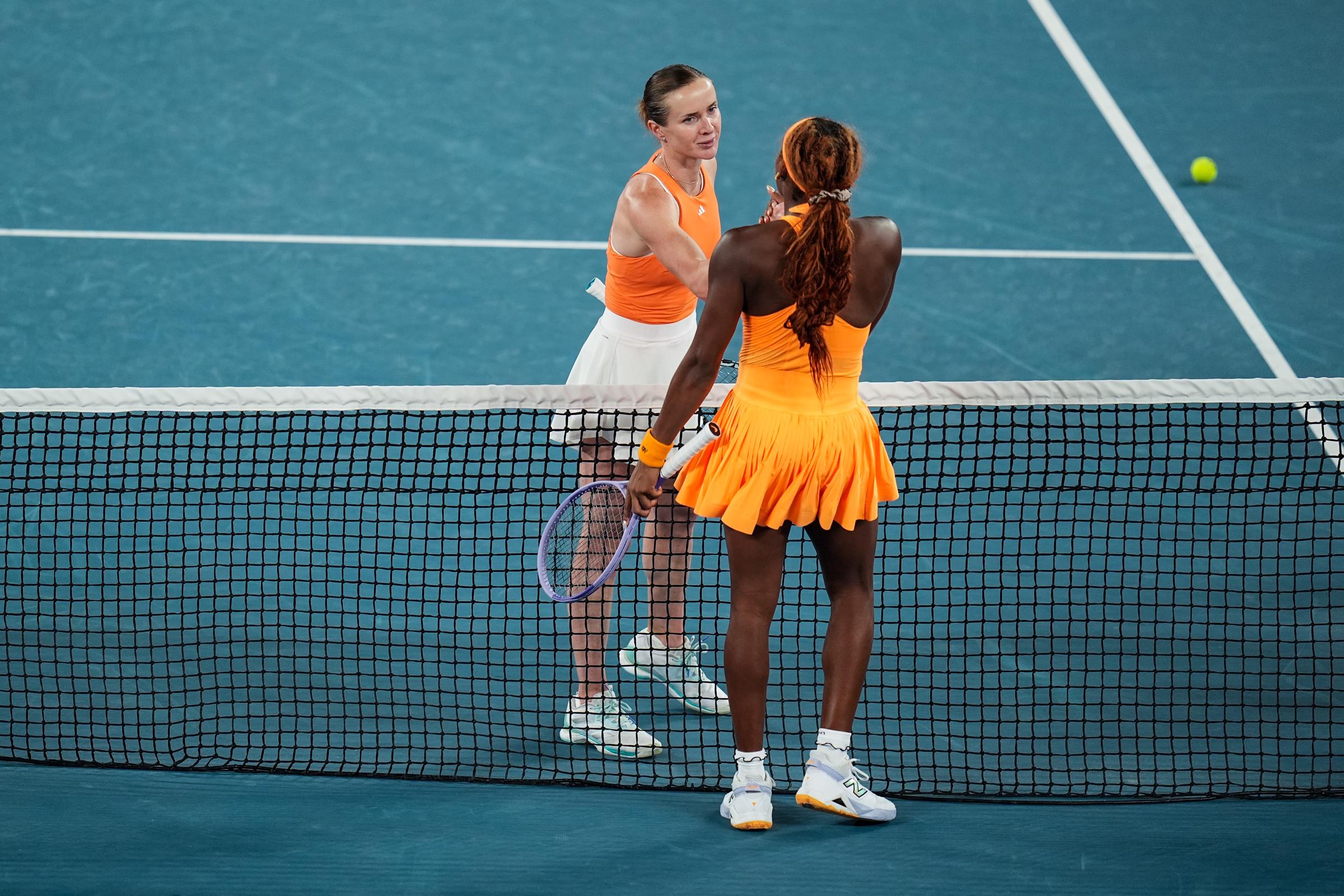Elina Svitolina of Ukraine greets Coco Gauff of the United States after their Women's Singles Quarter Finals match during day ten of the Australian Open on January 27, 2026| Source: Getty Images