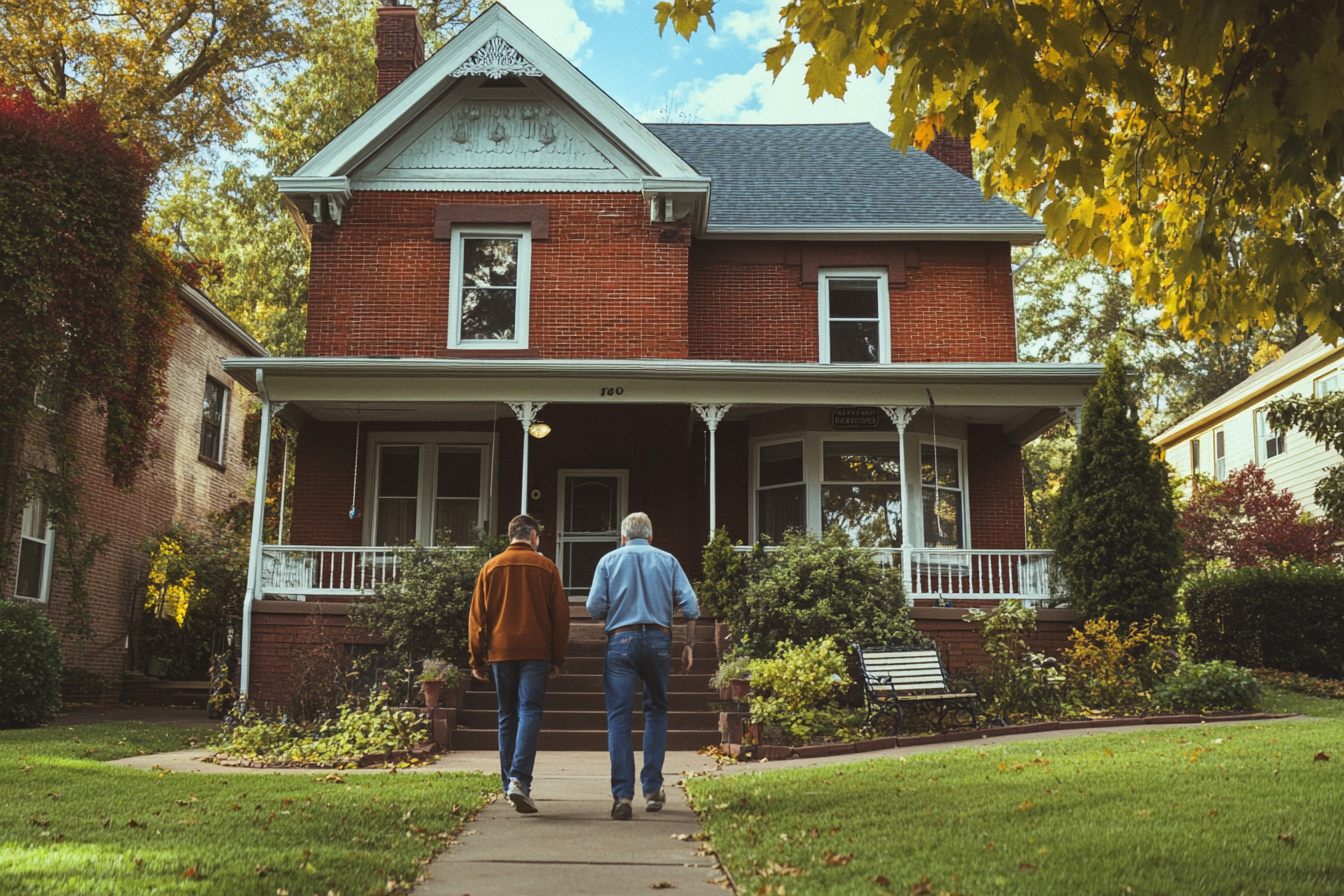 Two men approaching the entrance of a house | Source: Midjourney