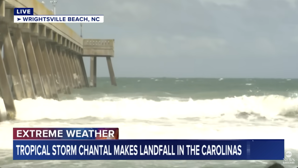 Waves crash along the pier at Wrightsville Beach, North Carolina, as Tropical Storm Chantal makes landfall, posted on July 7, 2025 | Source: YouTube/ABC News