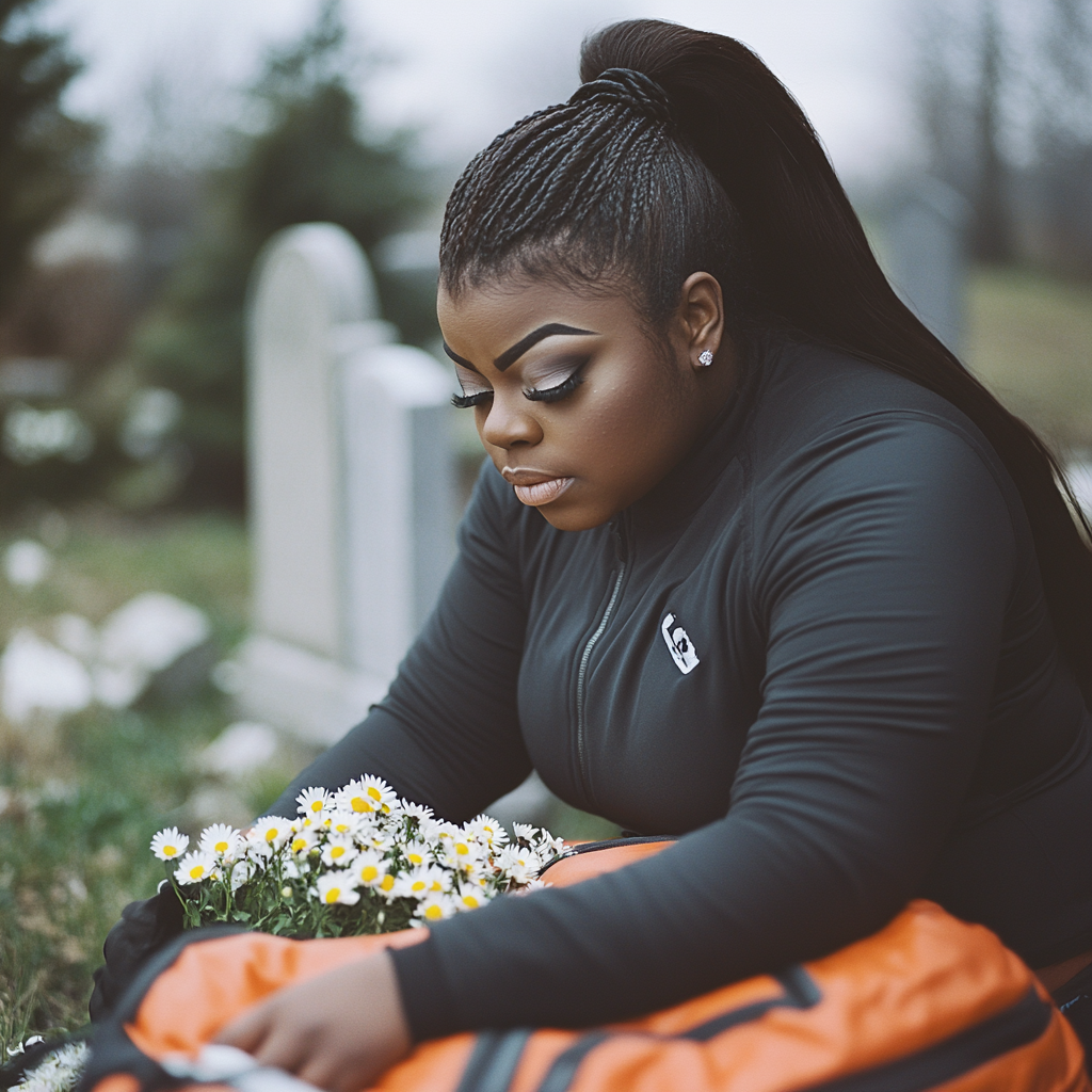 Lizzy thinking about her life at her father's gravesite | Source: Midjourney