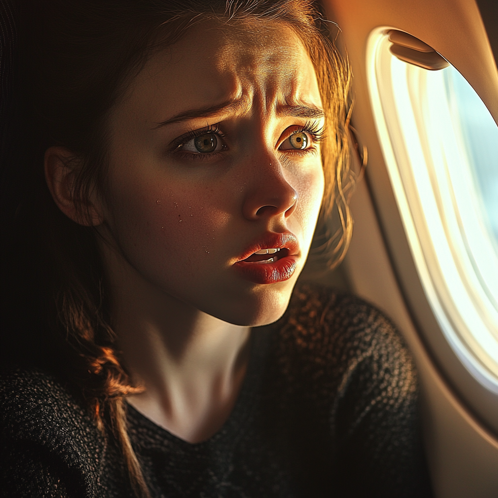 A startled teary-eyed woman in an airplane | Source: Midjourney