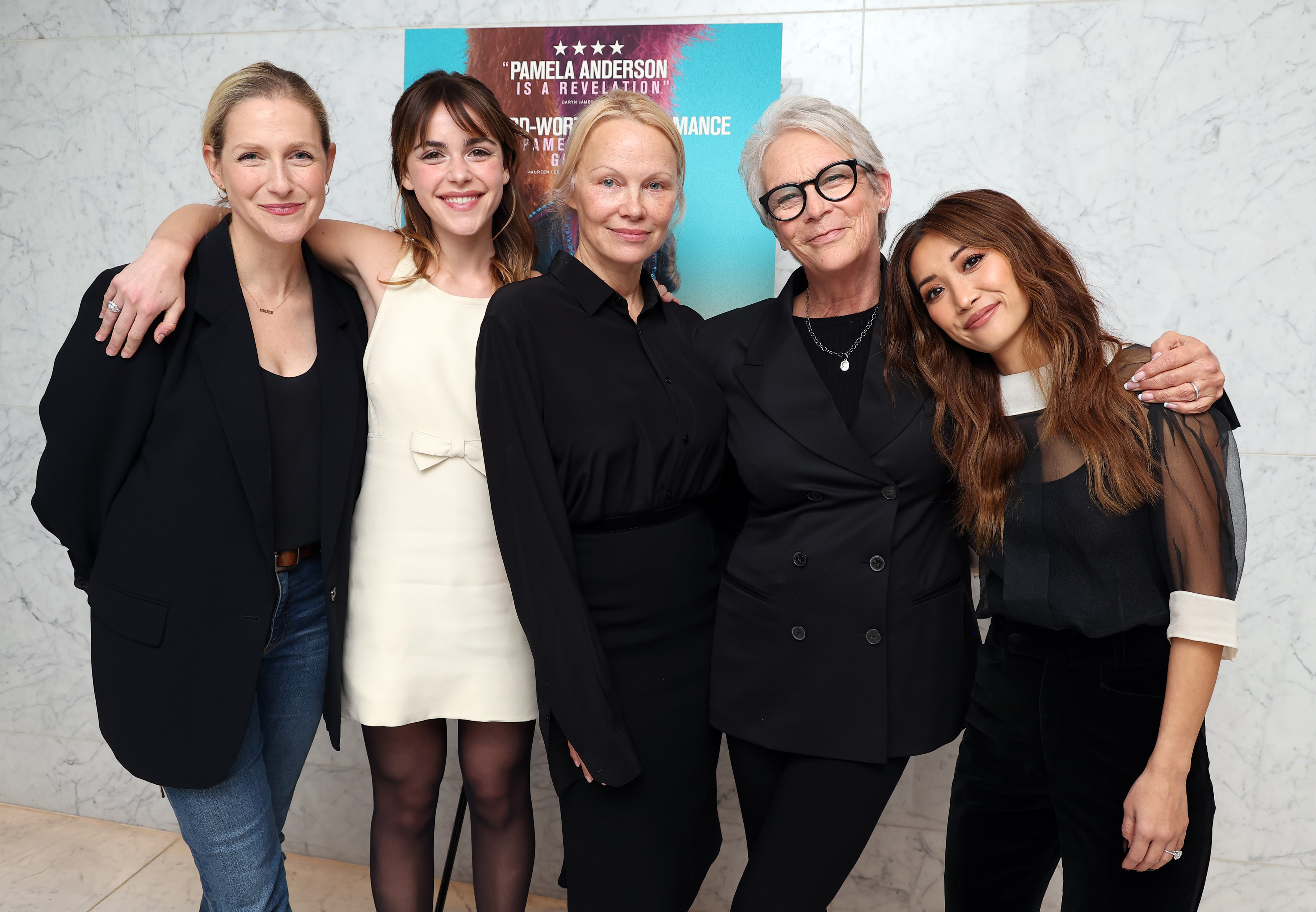 Kate Gersten, Kiernan Shipka, Pamela Anderson, Jamie Lee Curtis, and Brenda Song pose together at a special screening of "The Last Showgirl" hosted by Roadside Attractions at CAA on December 7, 2024, in Los Angeles, California.
