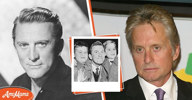 Portrait of Actor Kirk Douglas circa 1940 [left] Joel Douglas, left, 6, and Michael Kirk, 9, right, and their dad, Kirk Douglas at the U.S. Customs office at Idlewild Airport. [middle] Michael Douglas Promotes The Balearic Islands At The World Travel Market In London'S Docklands.[right] | Source: Getty Images 