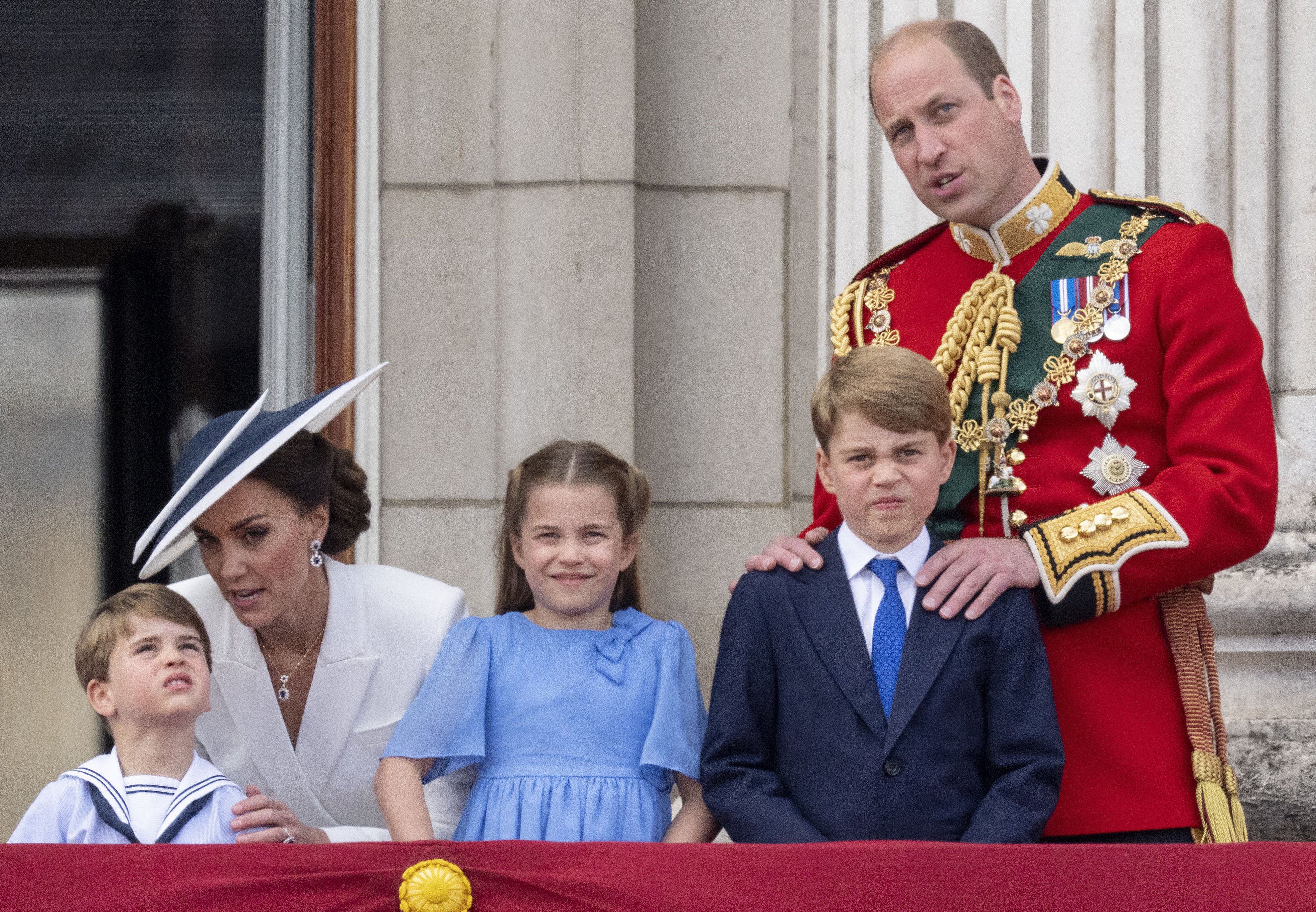 Prince William, Duke of Cambridge and Catherine, Duchess of Cambridge with Prince Louis of Cambridge, Princess Charlotte of Cambridge and Prince George of Cambridge during Trooping the Colour on June 2, 2022 in London, England | Source: Getty Images
