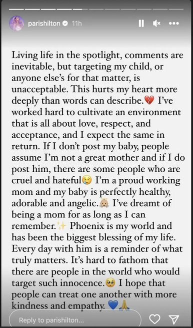Paris Hilton defends her baby Phoenix Barron Hilton Reum, on an Instagram story dated October 24, 2023 | Source: Instagram.com/parishilton/