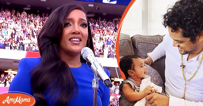 Mickey Guyton performing the National Anthem at Super Bowl LVI on February 13, 2022 [left]. Guyton's husband, Grant Savoy, in an Instagram post from May 2021 [right] | Photo: YouTube/NFL - Instagram.com/mickeyguyton