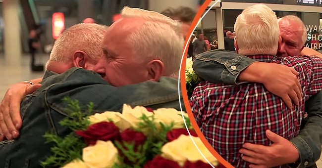 Ein Foto von George Skrzynecky und Lucian Paznanski die sich tränenreich umarmen. | Quelle: Youtube.com/BBC News