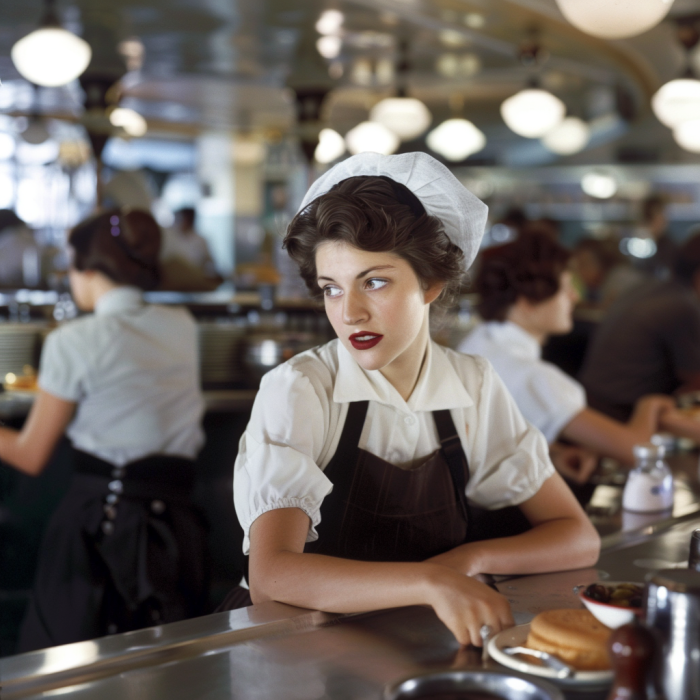 An entitled waitress glaring at someone in a restaurant | Source: Midjourney