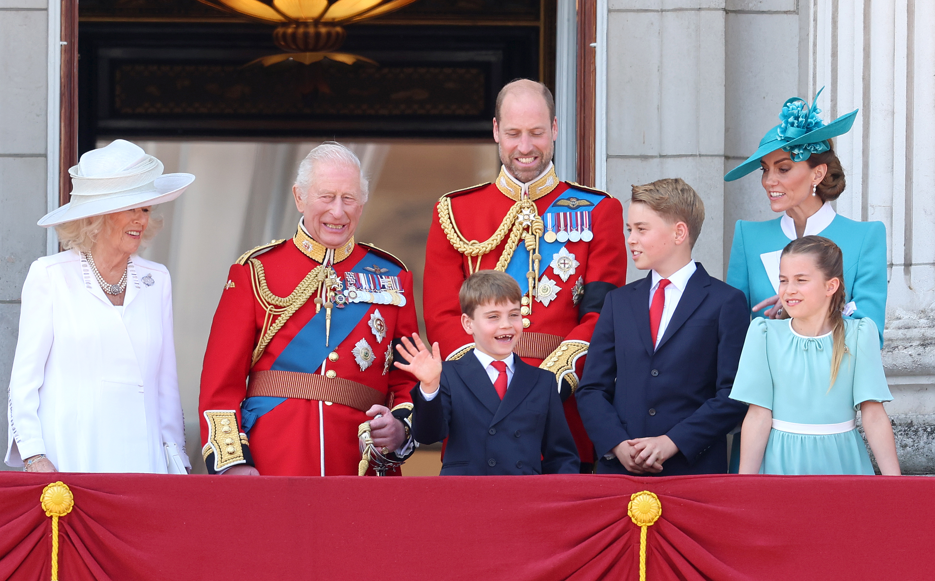 Queen Camilla, King Charles III, Prince Louis, Prince William, Prince George, Princess Charlotte and Princess Catherine on the balcony of Buckingham Palace during 2025 Trooping The Colour in London, England on June 14, 2025 | Source: Getty Images