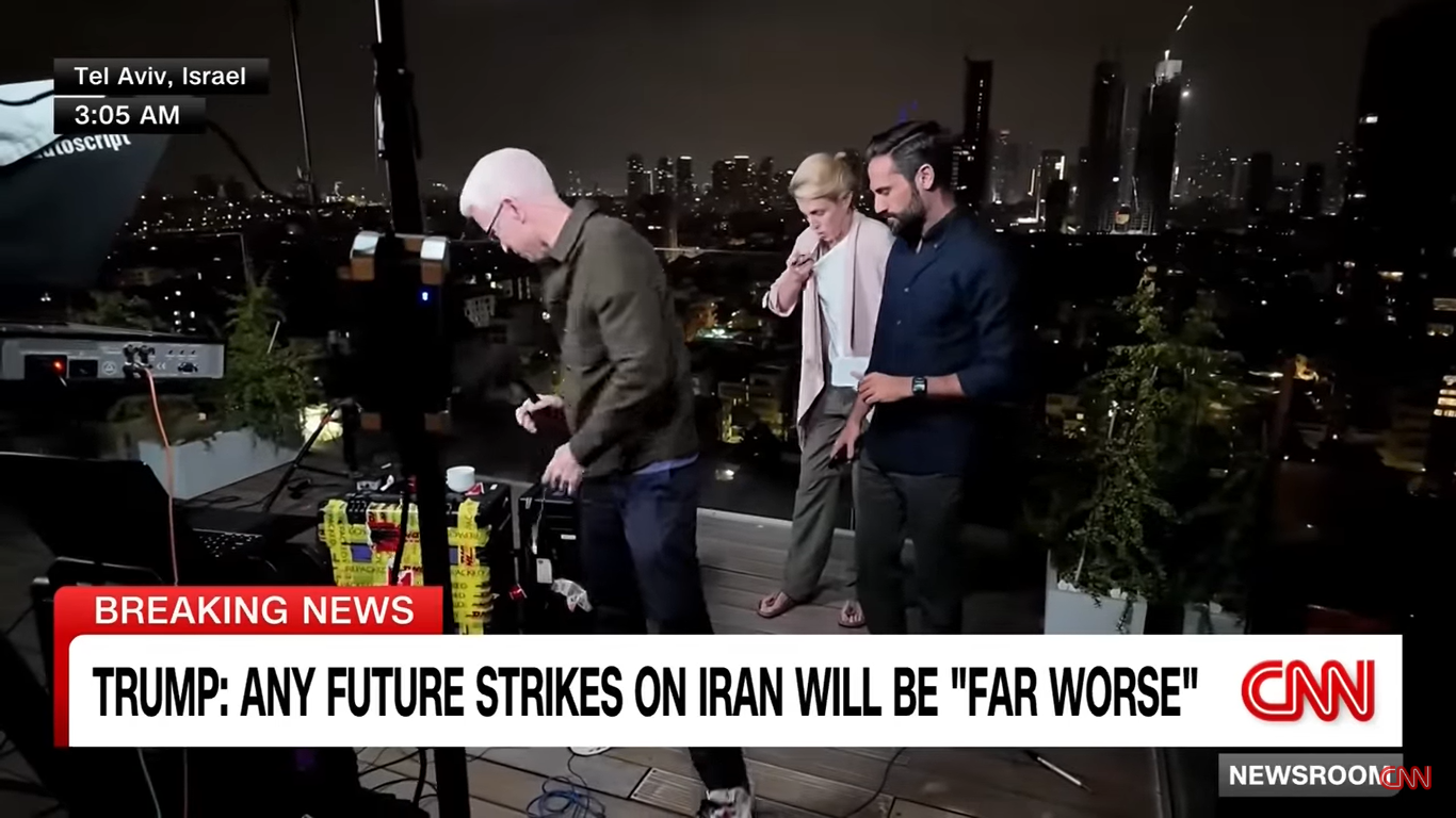 Anderson Cooper, Clarissa Ward, and Jeremy Diamond preparing for evacuation after an air raid alert in Tel Aviv, Israe, from a video dated June 23, 2025l | Source: YouTube/CNN