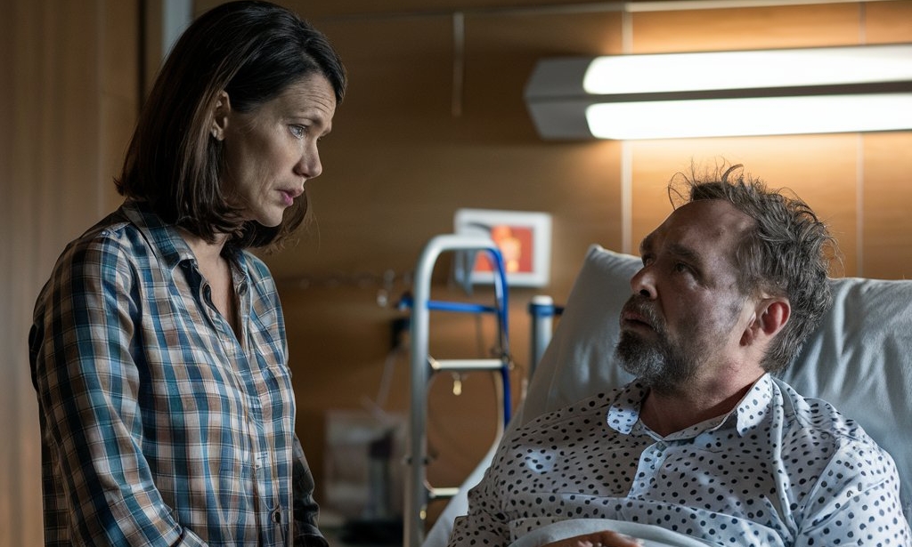 A woman and a sick man conversing in a hospital room | Source: Midjourney