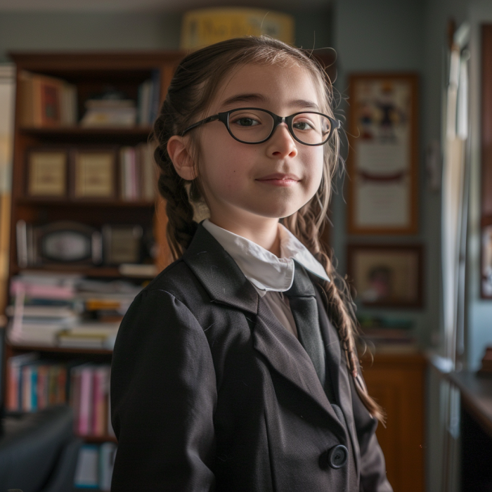 A young girl dressed up as a lawyer while standing in a library | Source: Midjourney